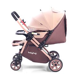 Babyhug Stroller with Reversible Handle & Feeding Tray - Khaki| Reversible Handle| Suspension Wheels| Linen Fabric| Front Swivel Wheels| Storage Basket| Linked Brake| Food Tray