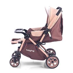 Babyhug Stroller with Reversible Handle & Feeding Tray - Khaki| Reversible Handle| Suspension Wheels| Linen Fabric| Front Swivel Wheels| Storage Basket| Linked Brake| Food Tray
