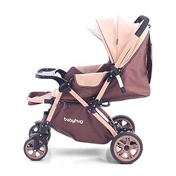 Babyhug Stroller with Reversible Handle & Feeding Tray - Khaki| Reversible Handle| Suspension Wheels| Linen Fabric| Front Swivel Wheels| Storage Basket| Linked Brake| Food Tray
