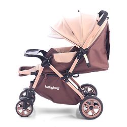 Babyhug Stroller with Reversible Handle & Feeding Tray - Khaki| Reversible Handle| Suspension Wheels| Linen Fabric| Front Swivel Wheels| Storage Basket| Linked Brake| Food Tray