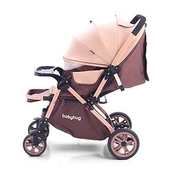 Babyhug Stroller with Reversible Handle & Feeding Tray - Khaki| Reversible Handle| Suspension Wheels| Linen Fabric| Front Swivel Wheels| Storage Basket| Linked Brake| Food Tray
