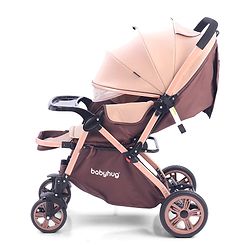 Babyhug Stroller with Reversible Handle & Feeding Tray - Khaki| Reversible Handle| Suspension Wheels| Linen Fabric| Front Swivel Wheels| Storage Basket| Linked Brake| Food Tray