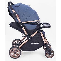 Babyhug Stroller with Reversible Handle & Feeding Tray - Khaki| Reversible Handle| Suspension Wheels| Linen Fabric| Front Swivel Wheels| Storage Basket| Linked Brake| Food Tray