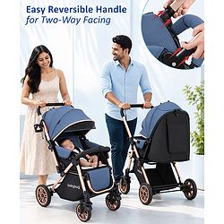 Babyhug Stroller with Reversible Handle & Feeding Tray - Khaki| Reversible Handle| Suspension Wheels| Linen Fabric| Front Swivel Wheels| Storage Basket| Linked Brake| Food Tray
