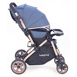 Babyhug Stroller with Reversible Handle & Feeding Tray - Khaki| Reversible Handle| Suspension Wheels| Linen Fabric| Front Swivel Wheels| Storage Basket| Linked Brake| Food Tray