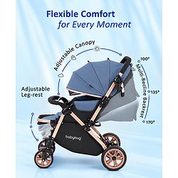 Babyhug Stroller with Reversible Handle & Feeding Tray - Khaki| Reversible Handle| Suspension Wheels| Linen Fabric| Front Swivel Wheels| Storage Basket| Linked Brake| Food Tray