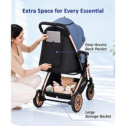 Babyhug Stroller with Reversible Handle & Feeding Tray - Khaki| Reversible Handle| Suspension Wheels| Linen Fabric| Front Swivel Wheels| Storage Basket| Linked Brake| Food Tray