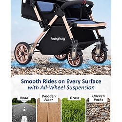 Babyhug Stroller with Reversible Handle & Feeding Tray - Khaki| Reversible Handle| Suspension Wheels| Linen Fabric| Front Swivel Wheels| Storage Basket| Linked Brake| Food Tray