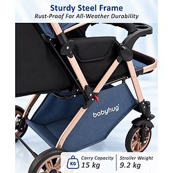 Babyhug Stroller with Reversible Handle & Feeding Tray - Khaki| Reversible Handle| Suspension Wheels| Linen Fabric| Front Swivel Wheels| Storage Basket| Linked Brake| Food Tray