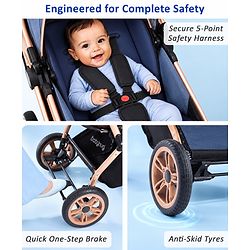 Babyhug Stroller with Reversible Handle & Feeding Tray - Khaki| Reversible Handle| Suspension Wheels| Linen Fabric| Front Swivel Wheels| Storage Basket| Linked Brake| Food Tray