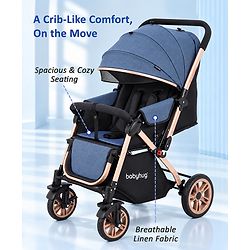 Babyhug Stroller with Reversible Handle & Feeding Tray - Khaki| Reversible Handle| Suspension Wheels| Linen Fabric| Front Swivel Wheels| Storage Basket| Linked Brake| Food Tray
