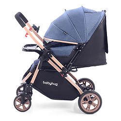 Babyhug Stroller with Reversible Handle & Feeding Tray - Khaki| Reversible Handle| Suspension Wheels| Linen Fabric| Front Swivel Wheels| Storage Basket| Linked Brake| Food Tray