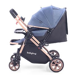 Babyhug Stroller with Reversible Handle & Feeding Tray - Khaki| Reversible Handle| Suspension Wheels| Linen Fabric| Front Swivel Wheels| Storage Basket| Linked Brake| Food Tray