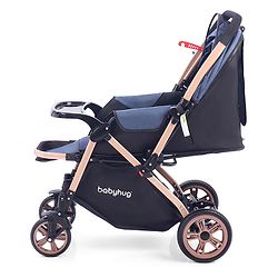 Babyhug Stroller with Reversible Handle & Feeding Tray - Khaki| Reversible Handle| Suspension Wheels| Linen Fabric| Front Swivel Wheels| Storage Basket| Linked Brake| Food Tray