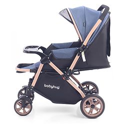 Babyhug Stroller with Reversible Handle & Feeding Tray - Khaki| Reversible Handle| Suspension Wheels| Linen Fabric| Front Swivel Wheels| Storage Basket| Linked Brake| Food Tray