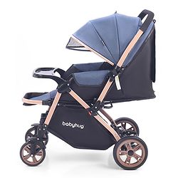 Babyhug Stroller with Reversible Handle & Feeding Tray - Khaki| Reversible Handle| Suspension Wheels| Linen Fabric| Front Swivel Wheels| Storage Basket| Linked Brake| Food Tray