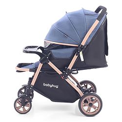Babyhug Stroller with Reversible Handle & Feeding Tray - Khaki| Reversible Handle| Suspension Wheels| Linen Fabric| Front Swivel Wheels| Storage Basket| Linked Brake| Food Tray