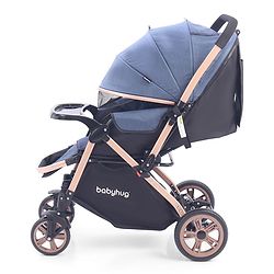 Babyhug Stroller with Reversible Handle & Feeding Tray - Khaki| Reversible Handle| Suspension Wheels| Linen Fabric| Front Swivel Wheels| Storage Basket| Linked Brake| Food Tray