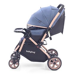 Babyhug Stroller with Reversible Handle & Feeding Tray - Khaki| Reversible Handle| Suspension Wheels| Linen Fabric| Front Swivel Wheels| Storage Basket| Linked Brake| Food Tray