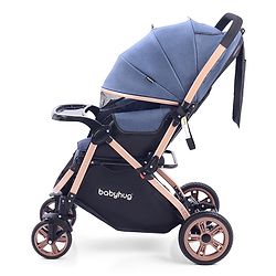 Babyhug Stroller with Reversible Handle & Feeding Tray - Khaki| Reversible Handle| Suspension Wheels| Linen Fabric| Front Swivel Wheels| Storage Basket| Linked Brake| Food Tray
