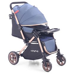 Babyhug Stroller with Reversible Handle & Feeding Tray - Khaki| Reversible Handle| Suspension Wheels| Linen Fabric| Front Swivel Wheels| Storage Basket| Linked Brake| Food Tray