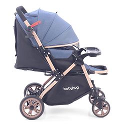 Babyhug Stroller with Reversible Handle & Feeding Tray - Khaki| Reversible Handle| Suspension Wheels| Linen Fabric| Front Swivel Wheels| Storage Basket| Linked Brake| Food Tray