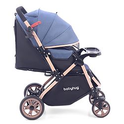 Babyhug Stroller with Reversible Handle & Feeding Tray - Khaki| Reversible Handle| Suspension Wheels| Linen Fabric| Front Swivel Wheels| Storage Basket| Linked Brake| Food Tray