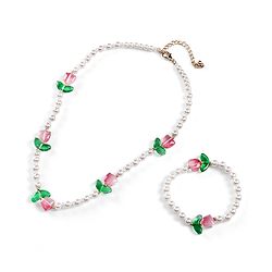 Babyhug Metal Necklace For Kids With Pearls & Floral Charms - Pink & White