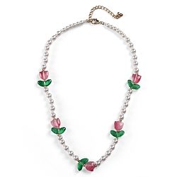 Babyhug Metal Necklace For Kids With Pearls & Floral Charms - Pink & White