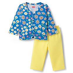 Babyhug Single Jersey Knit Full Sleeves Top & Leggings Set with Floral Print - Yellow & Blue
