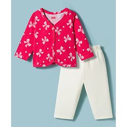 Babyhug Single Jersey Knit Full Sleeves Bow Printed Top & Leggings Set - Red & White