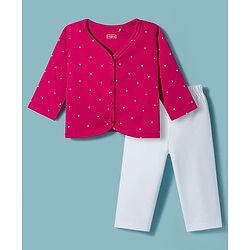 Babyhug Single Jersey Knit Full Sleeves Top & Leggings Set with Polka Dot Print - Fuchsia & White