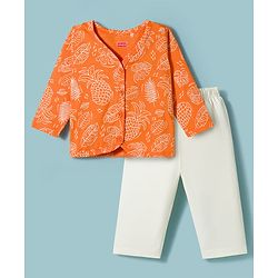Babyhug Single Jersey Knit Full Sleeves Top & Leggings Set with Tropical Theme Print - Orange & White