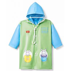 Babyhug Full Sleeves Knee Length Hooded Raincoat with Bunny Print - Green
