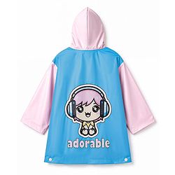 Babyhug Full Sleeves Knee Length Hooded Raincoat with Doll Print - Light Blue