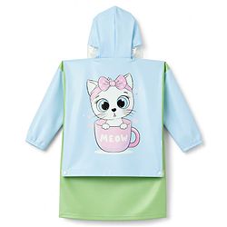 Babyhug Full Sleeves Knee Length Hooded Raincoat with Kitten Print - Light Green