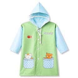 Babyhug Full Sleeves Knee Length Hooded Raincoat with Kitten Print - Light Green