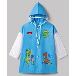 Babyhug Full Sleeves Knee Length Hooded Raincoat with Dino Print - Light Blue