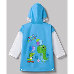 Babyhug Full Sleeves Knee Length Hooded Raincoat with Dino Print - Light Blue