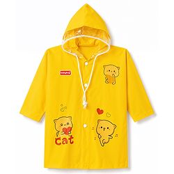 Babyhug Full Sleeves Kitty Printed Raincoat - Yellow