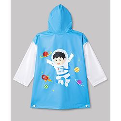 Babyhug Full Sleeves Knee Length Hooded Astronaut Printed Raincoat - Blue