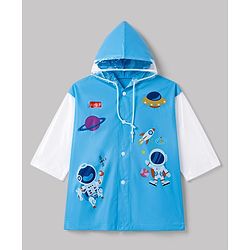Babyhug Full Sleeves Knee Length Hooded Astronaut Printed Raincoat - Blue