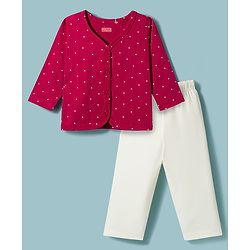 Babyhug Single Jersey Knit Full Sleeves Top & Leggings Set with Polka Dot Print - Maroon & White