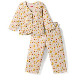 Babyhug Single Jersey Knit Full Sleeves Co-ords Top & Leggings Set with Floral Print - Beige