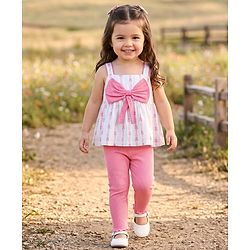 Babyhug Single Jersey 100% Cotton Knit Sleeveless Top & Leggings Set with Floral Print & Bow Applique - Pink