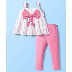 Babyhug Single Jersey 100% Cotton Knit Sleeveless Top & Leggings Set with Floral Print & Bow Applique - Pink