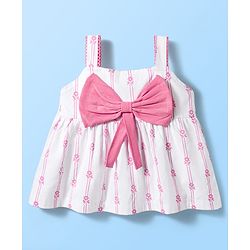 Babyhug Single Jersey 100% Cotton Knit Sleeveless Top & Leggings Set with Floral Print & Bow Applique - Pink