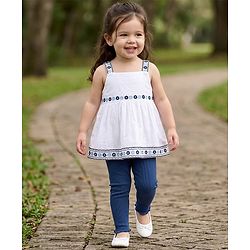 Babyhug Cotton Knit Sleeveless Floral Embroidered Top & Leggings Set - White & Navy Blue