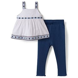 Babyhug Cotton Knit Sleeveless Floral Embroidered Top & Leggings Set - White & Navy Blue