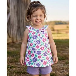 Babyhug Single Jersey Knit Sleeveless Top & Shorts Set with Floral Print - White & Lavender